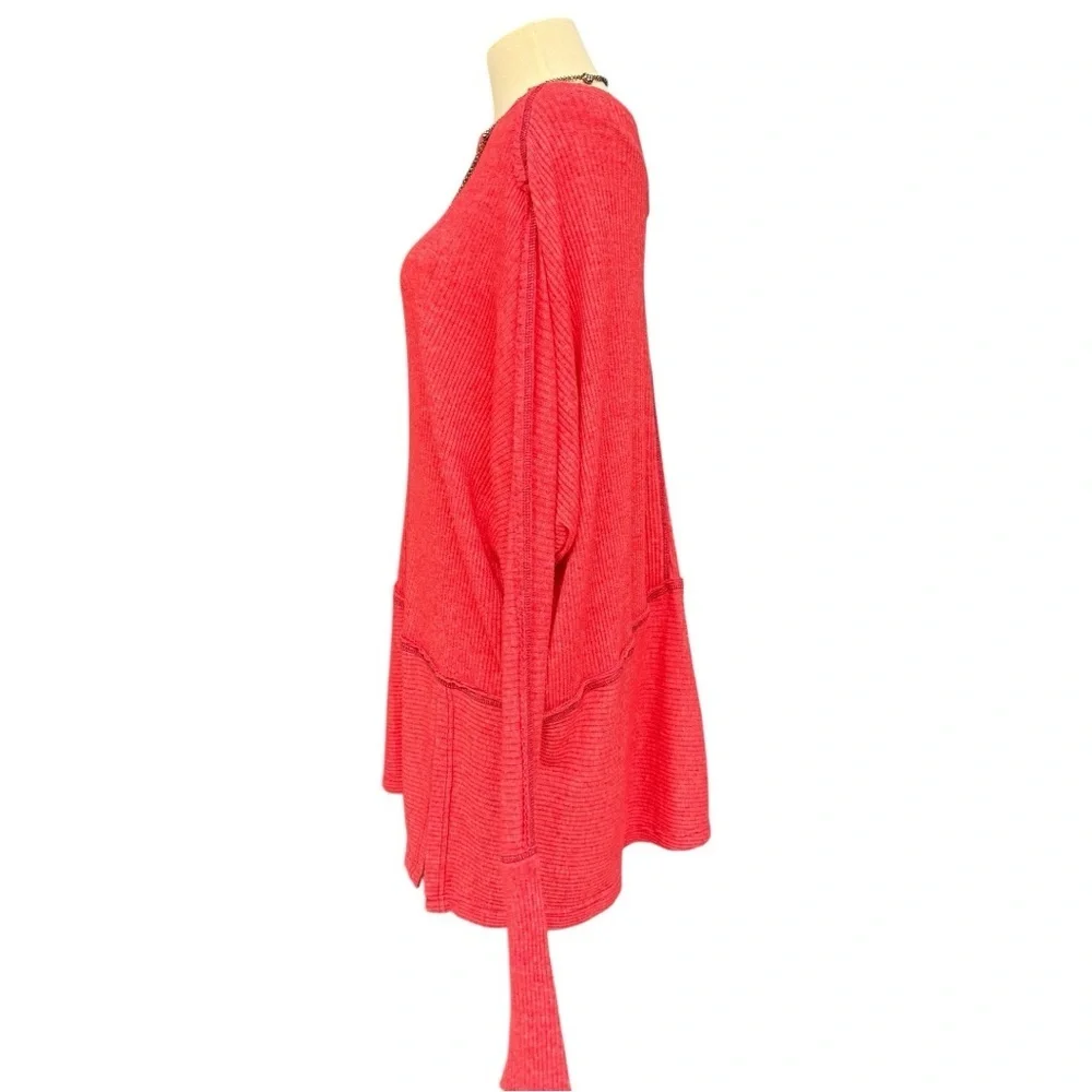 We The Free Free People Red Ribbed Knit Oversized Tunic Top Size XS Off Shoulder
